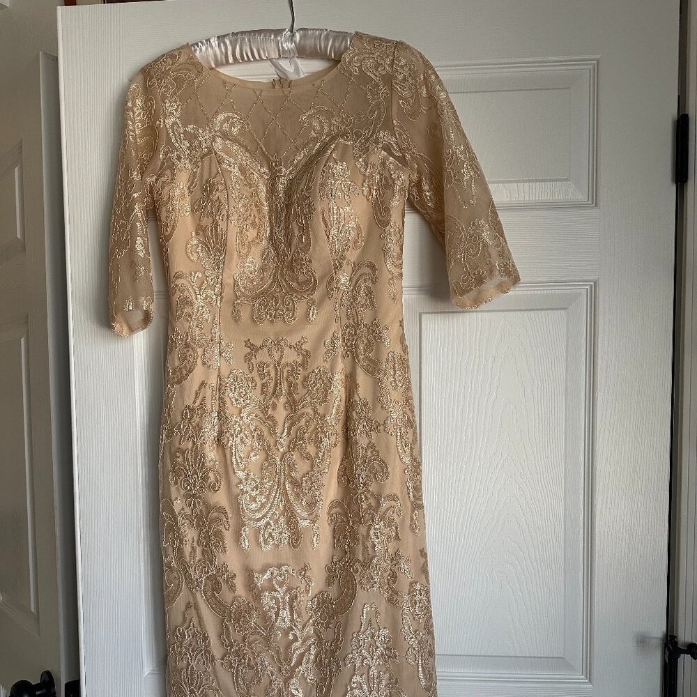 Beige Beaded Brocade Dress
